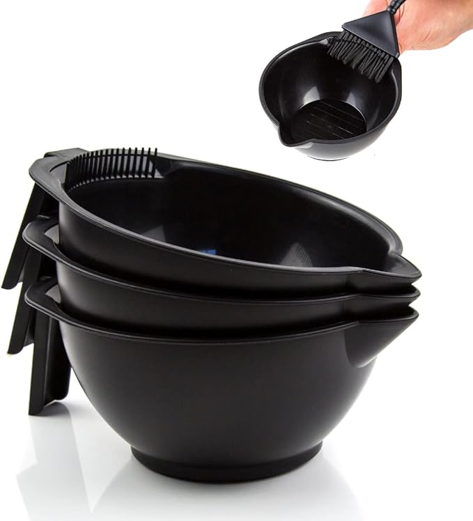 Hair Dye Bowl Set - 3 Black Hair Color Mixing Bowls with Measurements, Pour Spout, Handle & Combed Edge - Reusable Salon Hair Coloring Bowls for Professional or Home Use