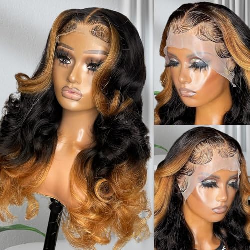 13x6 Lace Front Wigs Human Hair Pre Plucked Body Wave 13x6 1B/30 Ombre Transparent Lace Frontal Wigs With Baby Hairs Glueless Wigs Brown Highlight Balayage Wigs Human Hair Wigs For Women 24 Inch