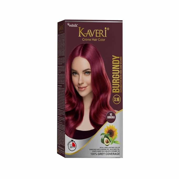 Kaveri Creme Hair Color Permanent Hair Dye Color - With Improved Creme Formula for Gray Coverage Ammonia Free Hair Color Dye for Rich Bright Long lasting (Burgundy, 3.04 Fl Oz) - Pack Of 3