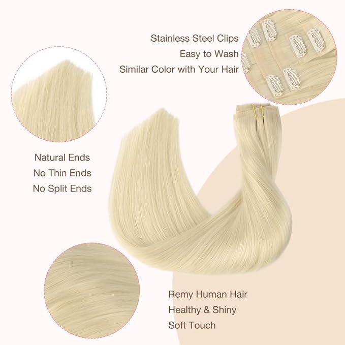 GOO GOO Clip in Hair Extensions Real Human Hair, Remy Human Hair Extensions Clip ins for Women, Natural Human Hair, 22inch 110g 7Pcs, 60A Platinum Blonde