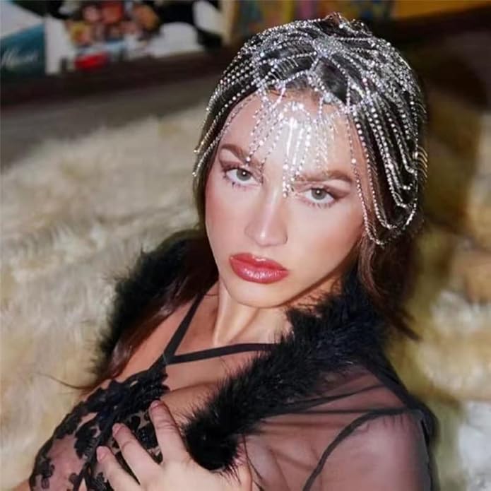 YERTTER Wedding Silver Rhinestone Head Cap Layered Fringe Chain 20s Head Accessories Jewelry Crystal Headband Headpiece Boho Hair Accessories for Women Brides Prom Costume(Silver 1)