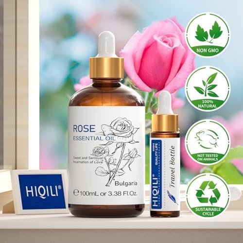 HIQILI 100ML Rose Essential Oil for Skin, Diffuser & Candle, 100% Pure and Natural - 3.38 Fl Oz