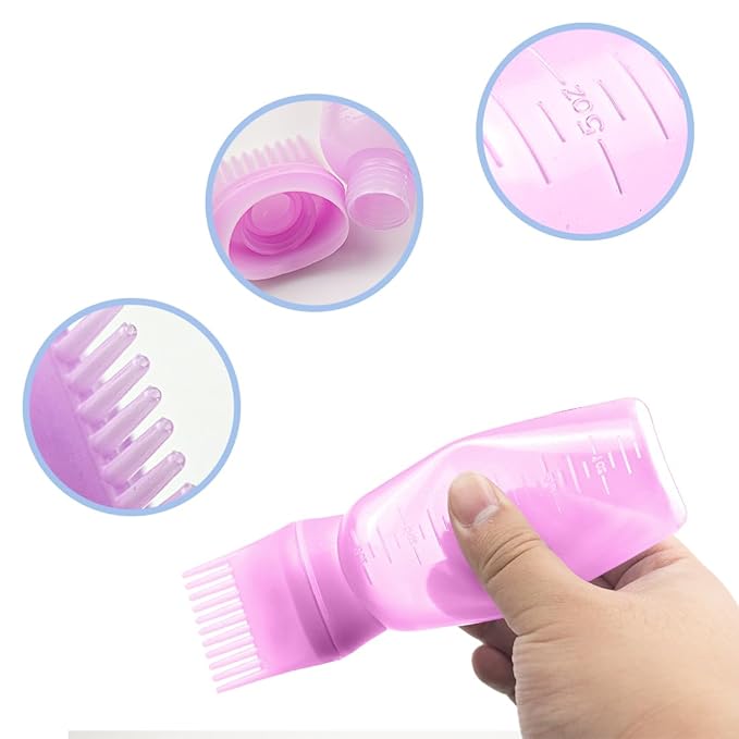 ELANE 4 Pcs Root Comb Applicator Bottle 6oz,Hair Oil Applicator Bottle for Hair,Oil Comb Applicator Hair Bottle Applicator for Hair Dye Shampoos Hair Salons Camping Traveling(Pink)