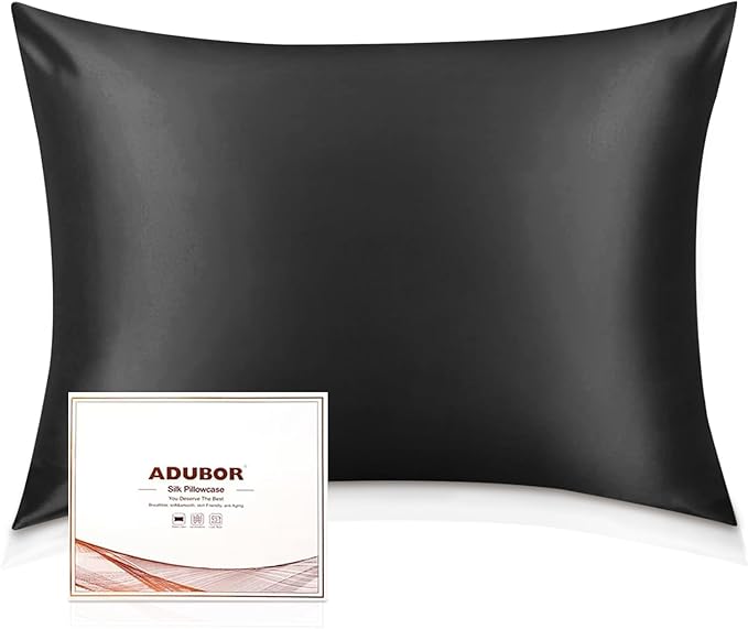 Adubor 100% Silk Pillowcase - Mulberry Silk Pillow Cases, 23 Momme 6A Grade Fibers, Silk Pillow Case for Hair and Skin Health, with Hidden Zipper (King 20''×36'', Black, 1PC)
