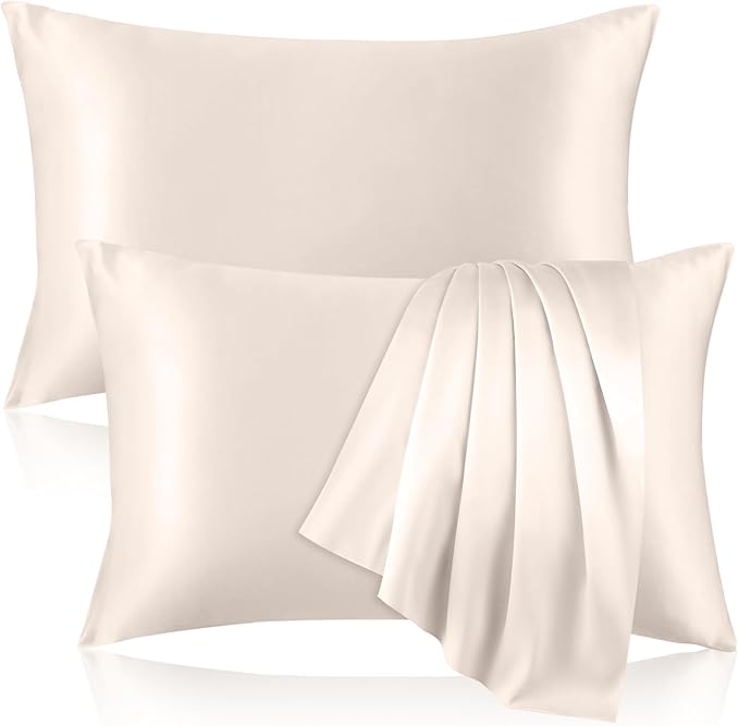 2 Pack 100% Pure Silk Pillowcase for Hair and Skin, Both Sides Mulberry Silk Pillowcases with Hidden Zipper, Cooling Pillowcase 19 Momme, 600 Thread Silk Pillow Cases King Size, Beige