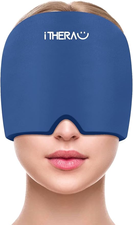iTHERAU Migraine Relief Cap，Migraine Ice Head Wrap，Headache Ice Hat，Cold Therapy Headache Relief Cap for Migraine Eyes Mask Dark Blue Headache Ice Pack Stress Relief