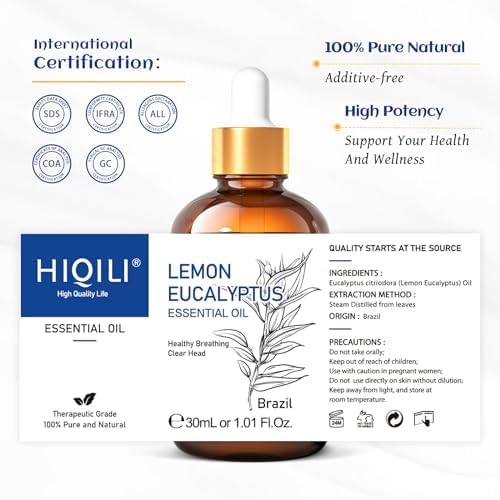 HIQILI Lemon Eucalyptus Oil, for Spary, Diffuser, Indoors, Outdoors, Garden, Yard, 100% Pure Natural - 1.01 Fl Oz