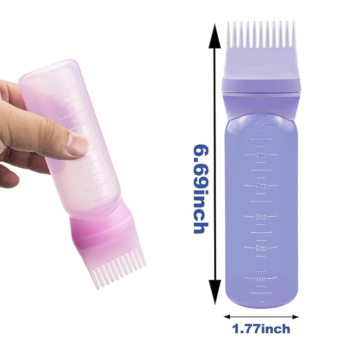ELANE 4 Pcs Root Comb Applicator Bottle 6oz,Hair Oil Applicator Bottle for Hair,Oil Comb Applicator Hair Bottle Applicator for Hair Dye Shampoos Hair Salons Camping Traveling(purple+pink)