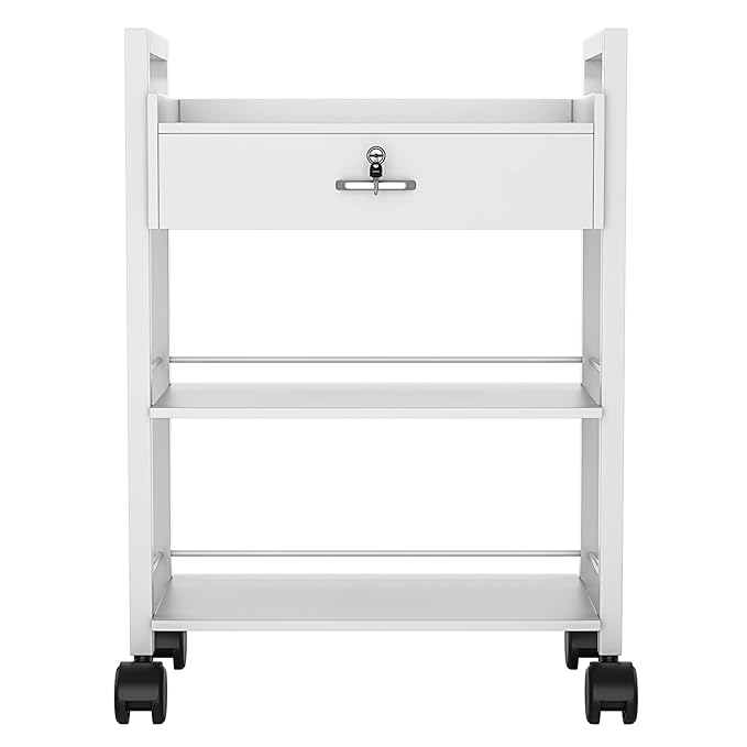 Paddie Salon Trolley Cart, Wooden Mobile Utility Cabinet Lab Cart with 1 Drawer 2 Trays, Rolling Storage Station Beauty Salon Rolling Trolley for Beauty Spa (White)