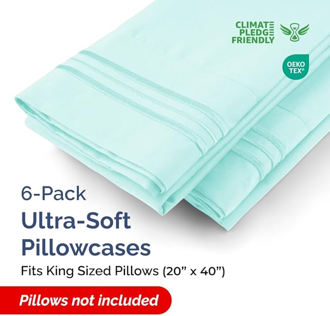 King Pillow Cases Set of 6 - Ultra Soft Hotel Quality Pillowcase Covers - Comfy & Wrinkle Free - Shrink, Stain & Fade Resistant - Easy-Care, Machine Washable Pillow Protectors - 6 Piece Set - Spa Blue