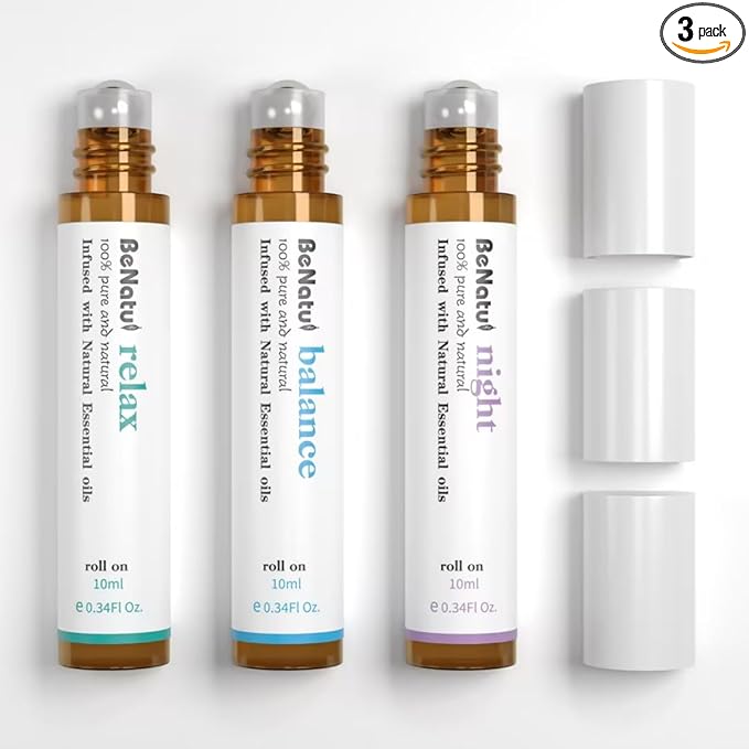 Essential Oil Set (Relax, Night, Balance), Aromatherapy Roll On Blends for Massage, Body Care & Home Use, Great Fragrance Gift for Men & Women Relaxation