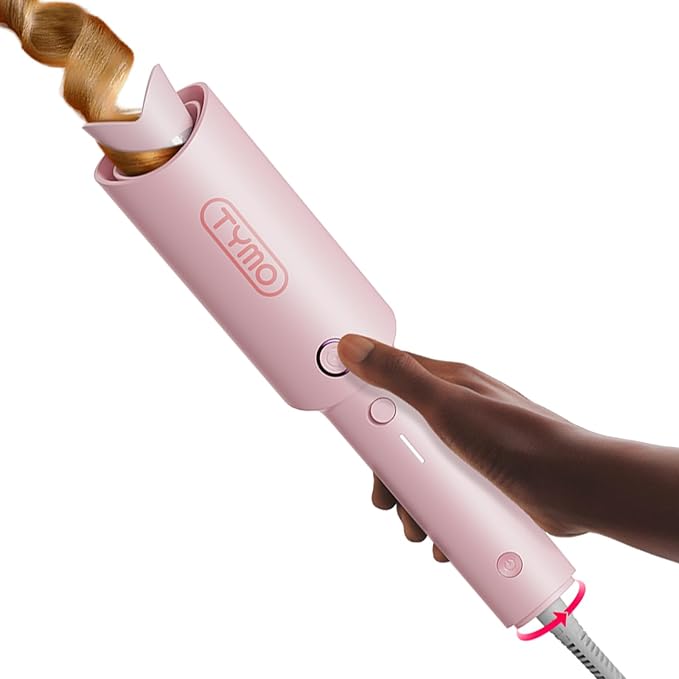 TYMO Automatic Rotating Curling Iron - TYMO CURLPRO Beach Waves Curling Wand, Portable Hair Curler, 500 Million Ionic, Dual Voltage & Lightweight for Travel, Ceramic Coating, 1 1/4 Inch, Pink
