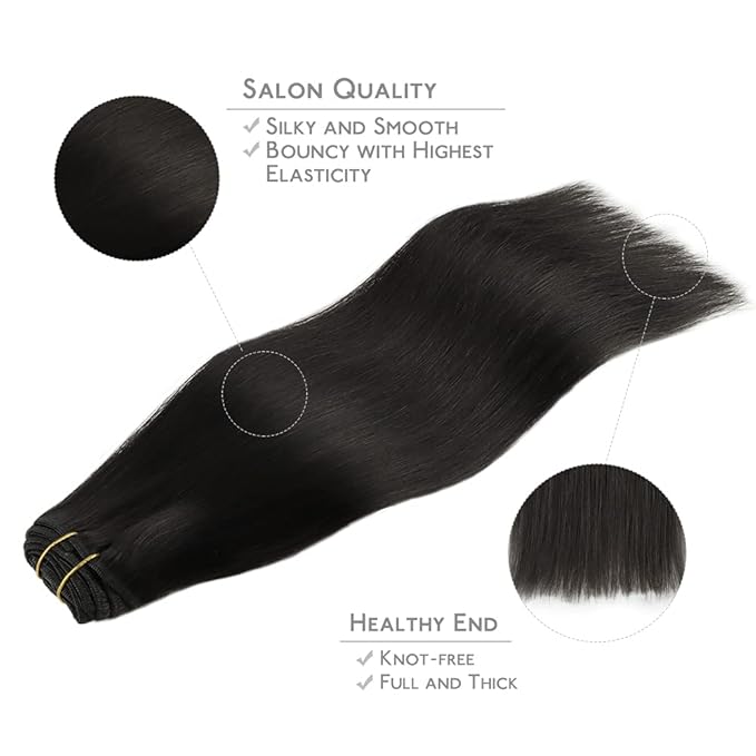 WENNALIFE Clip in Human Hair Extensions, 16 Inch 120g 7pcs Natural Black Hair Extensions Clip In Human Hair Remy Clip in Hair Extensions Real Human Hair Double Weft