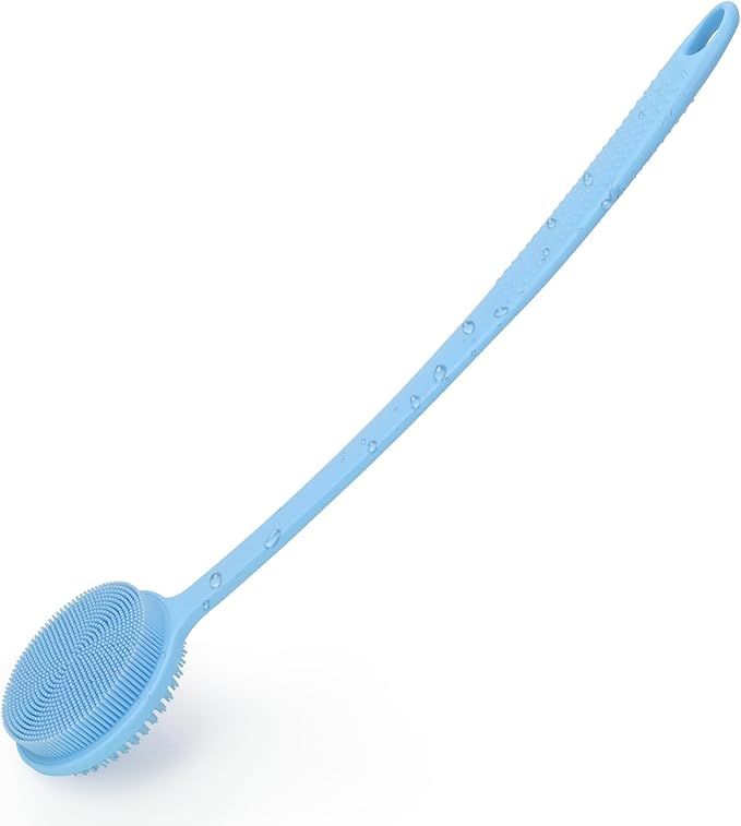 Silicone Back Scrubber for Shower, 17in Lengthen Long Handle Body Brush, Double Sided Shower Brush for Shower Exfoliating and Massage Can Produce Rich Foam, Long Handle Back Scrubber for Men