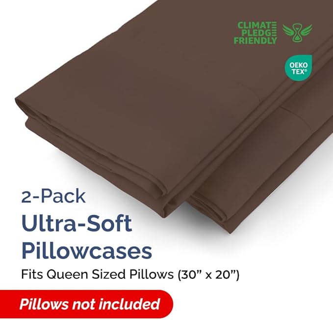 Queen Pillow Cases - 2 Pack - Super Soft Pillowcase Covers - Envelope Enclosure - Hotel Quality Pillow Protectors - Wrinkle Free, Fade, Shrink & Stain Resistant - Machine Washable - 20" x 30" (Brown)
