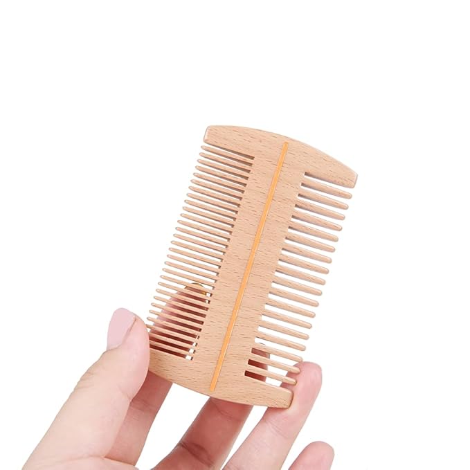 TAN MUJIANG Beard Comb for Men - Dual Density Bristles | Beechwood with Lacquer Finish | 29 Fine Teeth + 18 Wide Teeth | Mustache Grooming Kit Essential