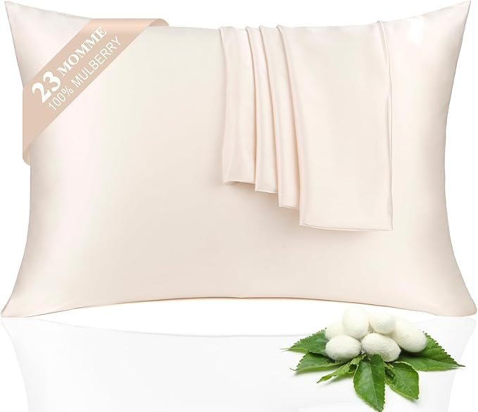 100% Silk Pillowcase 2 Pack for Hair and Skin, Both Sides 23 Momme Grade 6A+ Mulberry Silk Pillowcases with Hidden Zipper, Soft&Smooth Cooling Pillow Cases (Beige, Standard 20×26)
