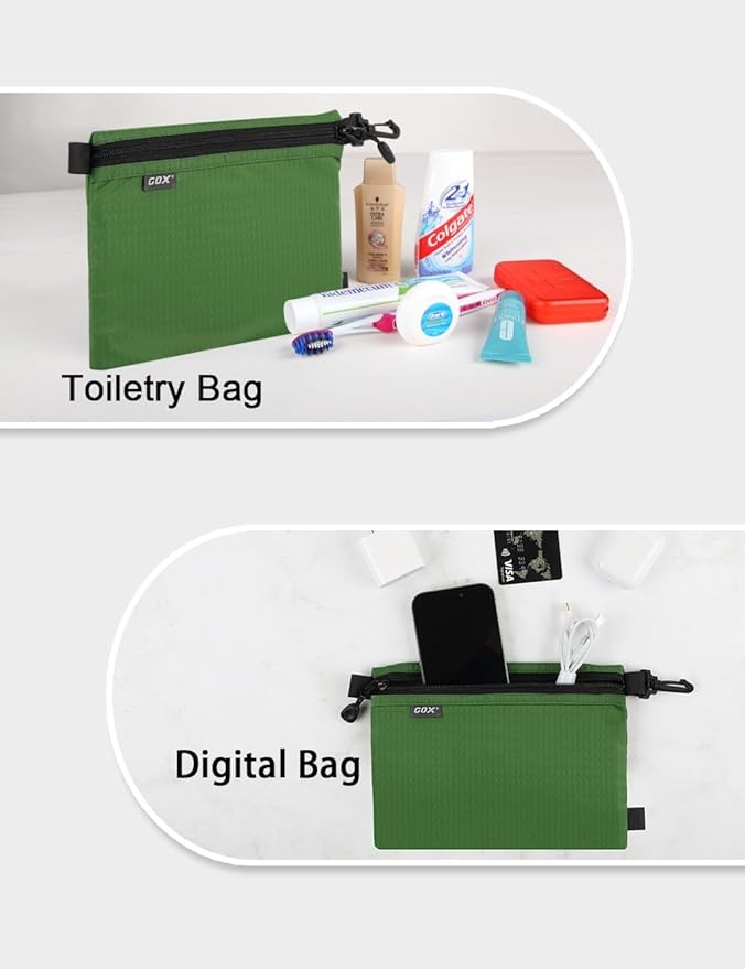 GOX Travel Toiletry Bag Carry On Zipper Pouch Cosmetic Kit Makeup Digital Bag Water Repellent Nylon (Blackish Green)