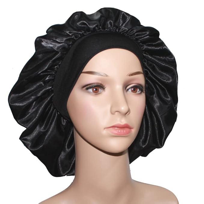 VEYRNEIC Hair Satin Bonnet for Sleeping Shower Caps Silk Chemo Caps with Wide Elastic Band Night Sleep Cap Bonnets for Black Women Braids with Satin Storage Bag (Black)