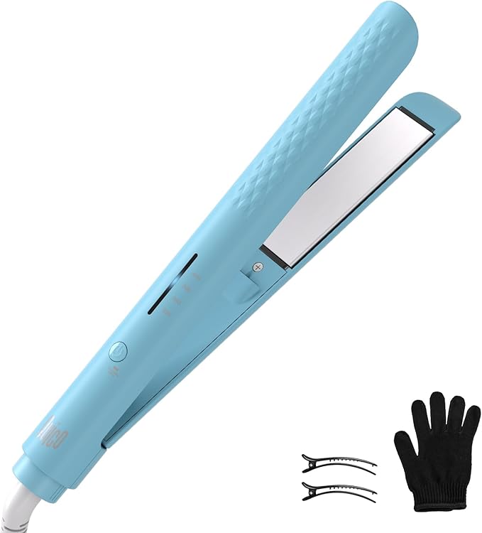 Quico Hair Straightener, 110-240V Global Travel Hair Straighteners for Women, 15s Fast Heating, Professional Negative Ion Flat Iron, Temp Memory, 320℉-450℉, Auto-Off, with Glove and Clips, Gift, Blue