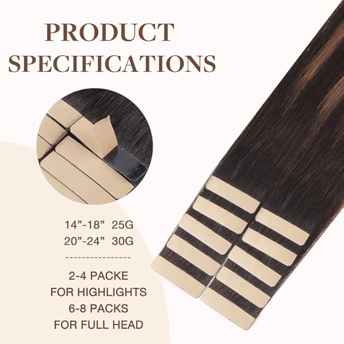 GOO GOO Tape in Hair Extensions Human Hair, 2/6/2 Balayage Dark Brown to Chestnut Brown, 16inch 25g 10pcs, Skin Weft Seamless Invisible, Silky Straight with Thick Ends, Remy Human Hair