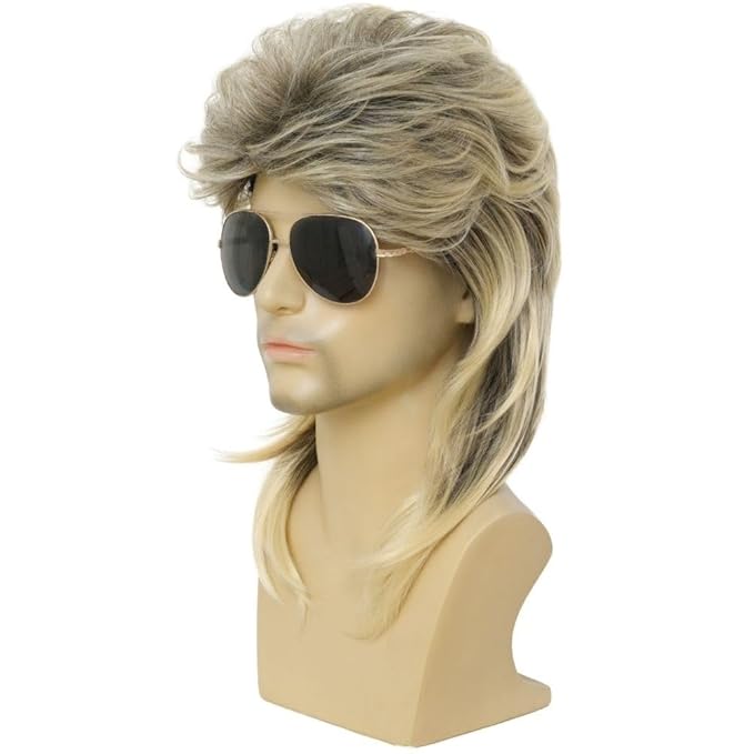 Kaneles Mens Mullet Wigs Dark Root 80s Costumes Halloween Male Wig for Fancy Dress (Dark Root Mix Blonde)
