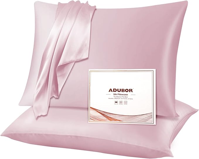 Adubor Silk Pillowcase for Hair and Skin with Hidden Zipper, Both Sides 23 Momme Silk Pillow Case, Queen Size 20×30 inches, Pink, 2PCS