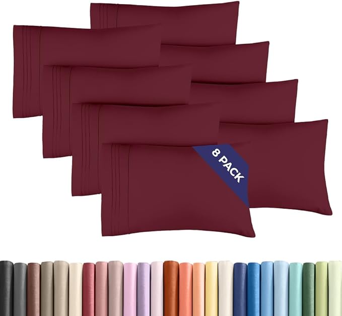 Queen Pillow Cases Set of 8 - Ultra Soft Hotel Quality Pillowcase Covers - Comfy, Cozy & Wrinkle Free - Shrink, Stain and Fade Resistant - Machine Washable Pillow Protectors - 8 Piece Set - Burgundy