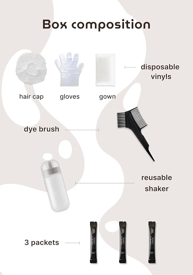 Korean Permanent Hair Dye, Powder Hair Color Kit, Dark Brown, Gray Hair Coverage, Plant-Based Formula, Easy Application for Roots, Short & Long Hair, Vegan, Just Mix with Water (3 Powder Packets)