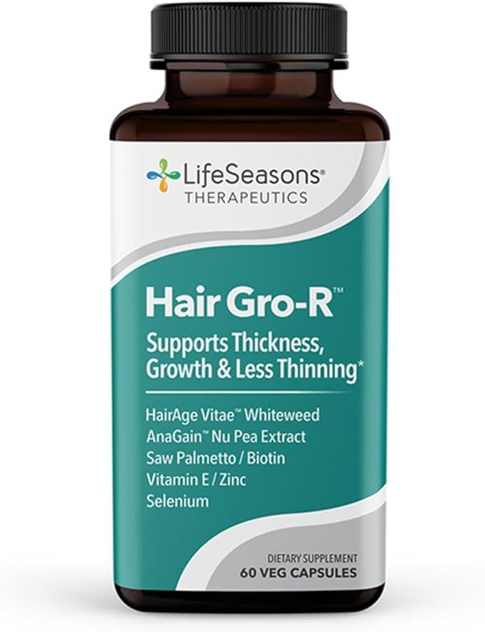 LifeSeasons Hair Gro-R - Clinically Studied Ingredients - Support Thickness Growth & Less Thinning - Reduce Hair Loss & Encourage Regrowth - Biotin Zinc Selenium & AnaGain Nu Pea Extract - 60 Capsules