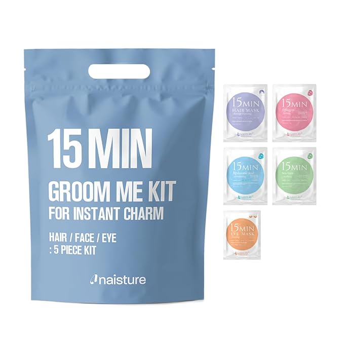 15 Min Groom Me Kit by Naisture – Korean At Home Spa Kit for Men with Hair Mask, Collagen Mask, Tea Tree Face Mask, Hyaluronic Acid Mask, and Eye Mask