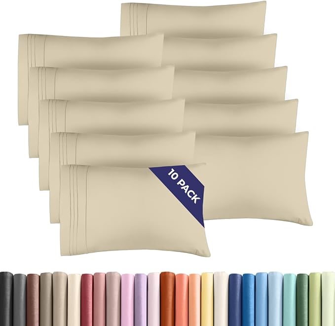 King Pillow Cases Set of 10 - Ultra Soft Hotel Quality Pillowcase Covers - Comfy & Wrinkle Free - Shrink, Stain and Fade Resistant - Easy-Care, Machine Washable Pillow Protectors - 10 Pcs Set - Wheat