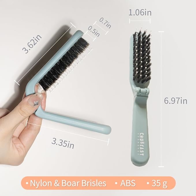 Uffy MiniPop Travel Hair Brush – Mini Folding Boar Bristles for Women, Men & Kids | Kid-Friendly Portable Purse Brush for Wet & Dry Hair, Curly or Straight | Pocket-Size Detangler – Mint Green