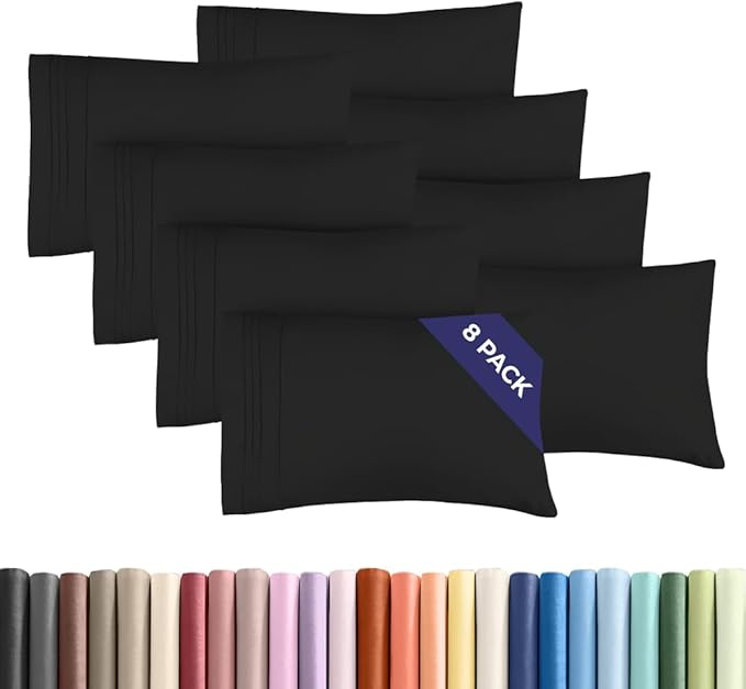 Standard Pillow Cases Set of 8 - Ultra Soft Hotel Quality Pillowcase Covers - Comfy, Cozy & Wrinkle Free - Shrink, Stain and Fade Resistant - Machine Washable Pillow Protectors - 8 Piece Set - Black