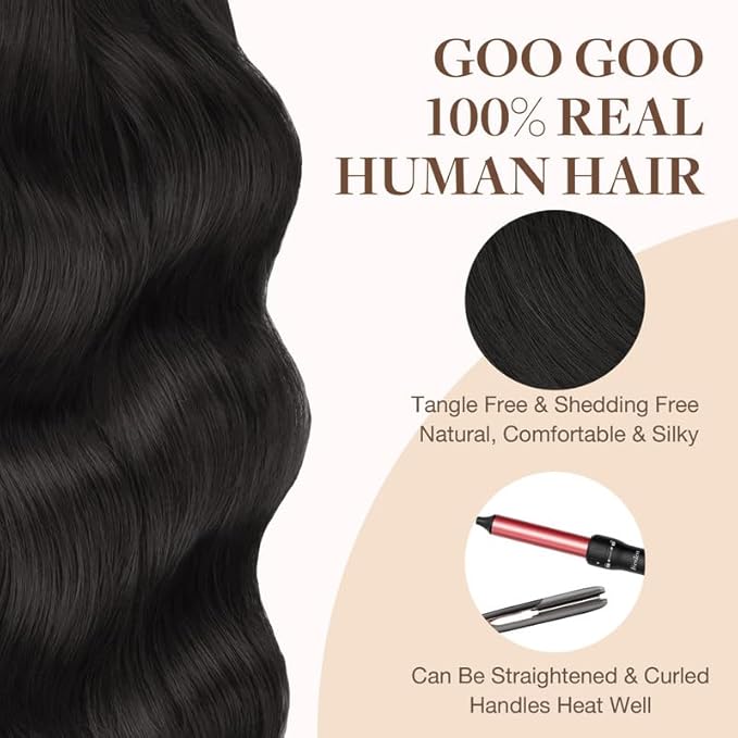 GOO GOO Tape in Hair Extensions Human Hair, 1B Natural black, 16inch 25g 10pcs, Skin Weft Seamless Invisible, Silky Straight with Thick Ends, Remy Human Hair