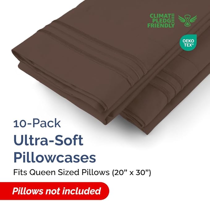 Queen Pillow Cases Set of 10 - Ultra Soft Hotel Quality Pillowcase Covers - Comfy & Wrinkle Free - Shrink, Stain and Fade Resistant - Easy-Care, Machine Washable Pillow Protectors - 10 Pcs Set - Brown
