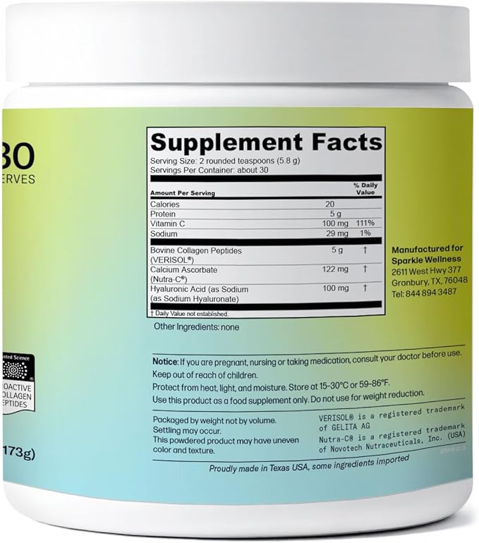 Sparkle Wellness VERISOL Bioactive Hydrolyzed Collagen Peptides | Collagen Powder Supplement with Vitamin C & Hyaluronic Acid for Hair, Skin, and Nail Health | Skin Boost Plus (No Flavor) [30-Serves]