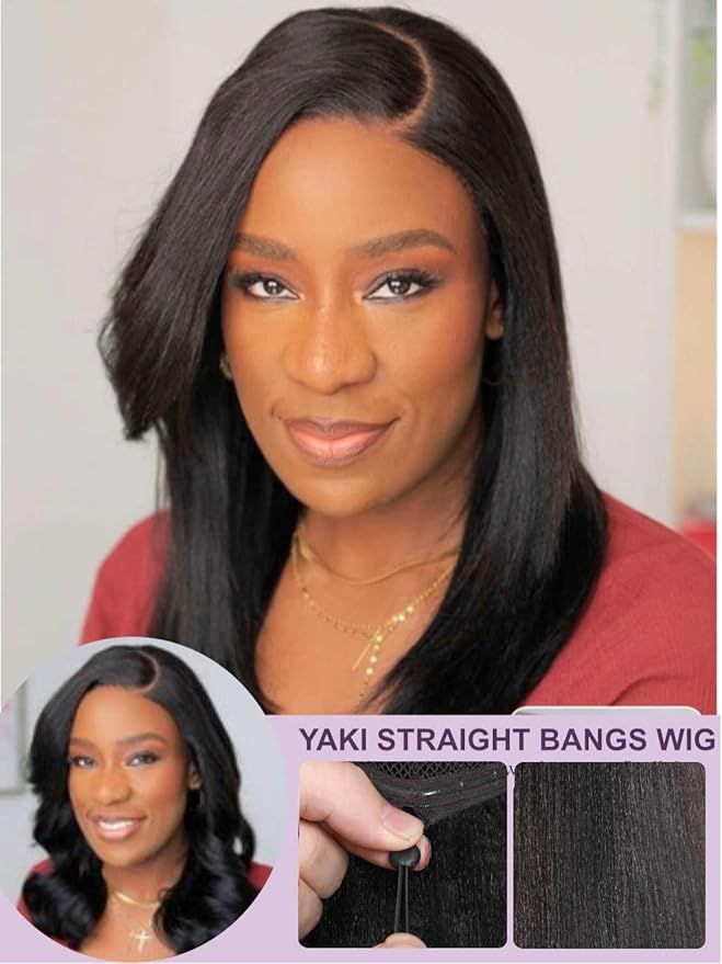 Yiroo Light Yaki Straight Wig Human Hair with Side Swept Bangs,7x5 Lace Front Bye Bye Knots Glueless Wig Human Hair Pre Plucked Pre Cut,Elastic Drawstring Wear and Go Wig for Women 150% Density 16Inch