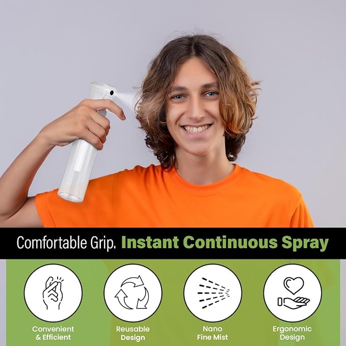 VIGOR PATH Continuous Spray Bottle for Hair – Fine Mist Mister for Styling, Cleaning, Plants, Pets, Salons, and Essential Oil Use (300ml / 10.1 oz, Clear)