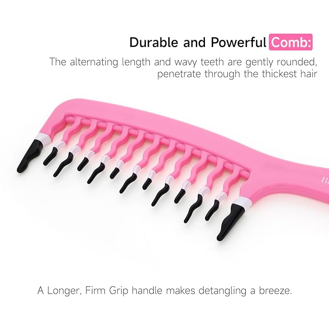 Big Hair Tools Extra Large Wide Tooth Comb for Thick, Curly, Wavy or Long Hair - Frizz-Free Detangling Shower Comb - Big Hair Comb and Microfiber Scrunchie