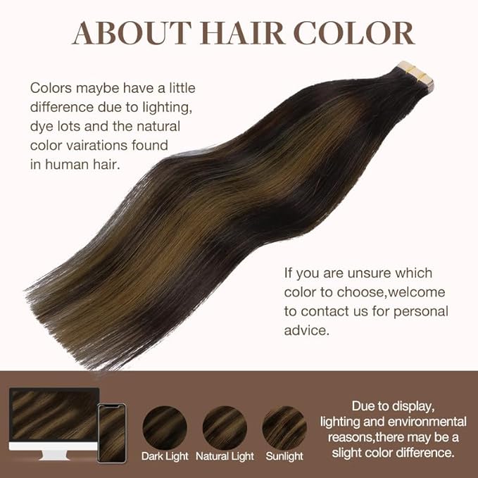 GOO GOO Tape in Hair Extensions Human Hair, 2/6/2 Balayage Dark Brown to Chestnut Brown, 14inch 100g 40pcs, Skin Weft Seamless Invisible, Silky Straight with Thick Ends, Remy Human Hair