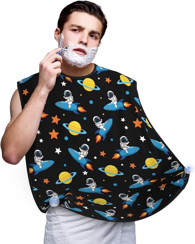 Adjustable Beard Catcher Apron, Space Astronaut Rocket Cartoon Shave Bib, Non-Stick Waterproof Grooming Bib, Shaving Essential for Men Dad Christmas