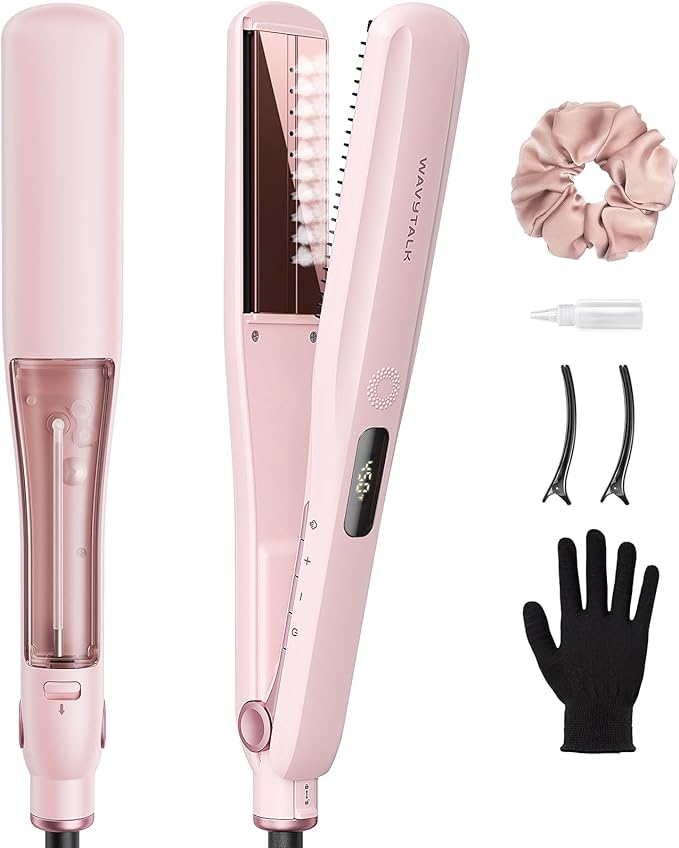 Wavytalk Steam Hair Straightener, Steam Sesh, Steam Reduces Damage, Nourishes Hair & Expedites Straightening, 1.38'' Nano Titanium Flat Iron with Detachable Comb for Silk Press Smoothing, Sakura Pink