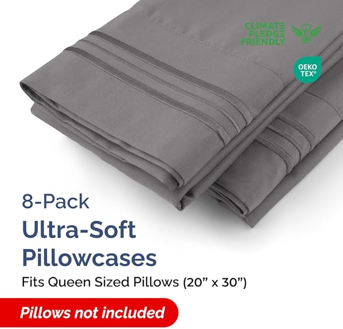Queen Pillow Cases Set of 8 - Ultra Soft Hotel Quality Pillowcase Covers - Comfy, Cozy & Wrinkle Free - Shrink, Stain and Fade Resistant - Machine Washable Pillow Protectors - 8 Piece Set - Dark Grey