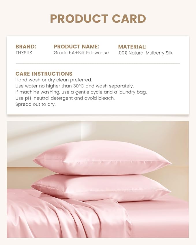 THXSILK Set of 2 Mulberry Silk Pillowcase for Hair and Skin, 100% Mulberry Silk Grade 6A+, Dual-Sided Real Silk Pillow Cases with Hidden Zipper, King Size 20"x36" Silk Pillow Cases, Light Pink