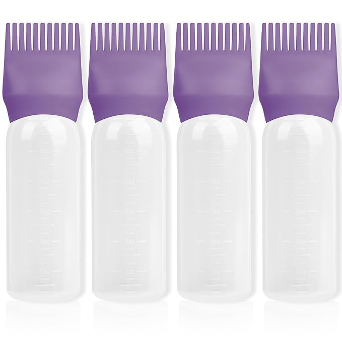 BLAAROOM Root Comb Applicator Bottle 6 Ounce, 4 Pack Hair Oil Applicator with Root Comb Brush - Dark Purple