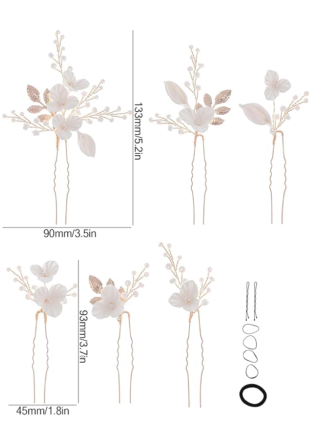 Beads Pearl Hair Pins, 6 Pcs Bridal Handmade White 3D Pinch Flower Fairy Bride Wedding Hair Pieces Leaf U Shaped Hair Accessories Headpiece Bridesmaids Women Girls Gold