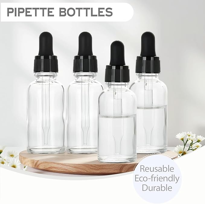 1 oz Glass Dropper Bottles,4 Pack 30ml Empty Reusable Leak Proof Thick Tincture Bottles for Essential Oils,Hair Oil,Liquids,Laboratory,Pharmacist Bottle,Massage,Perfumery Aromatherapy