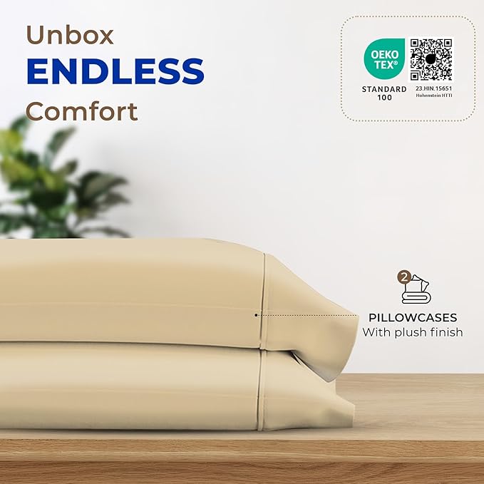 THREAD SPREAD 100% Egyptian Cotton Pillow Cases King - 1000 Thread Count Pillow Cases King Size Set of 2, Soft Cooling & Breathable Extra Long Staple Sateen Weave Cotton Pillow Covers for Bed - Sand