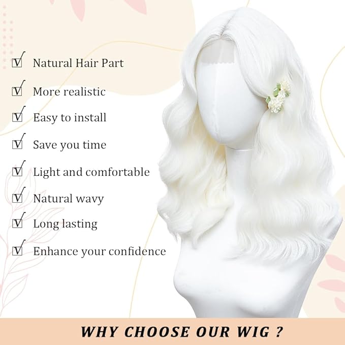 White Wig for Women, 18 Inch Middle Part Wavy Curly Wigs Synthetic Heat Resistant Soft deep wave Wig for Women Daily Use (White, 18 Inch)